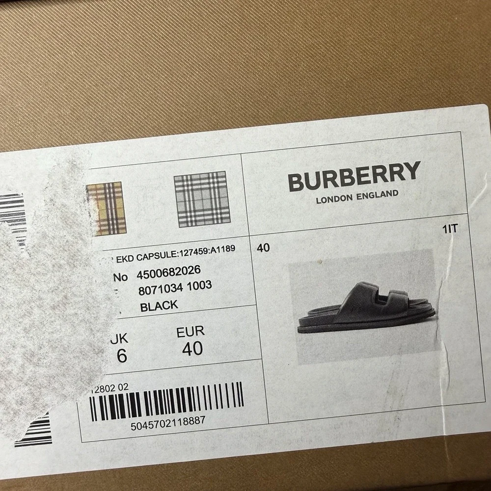 Burberry London England EKD Embossed Leather Slides Black Men's Size US 7 UK 6